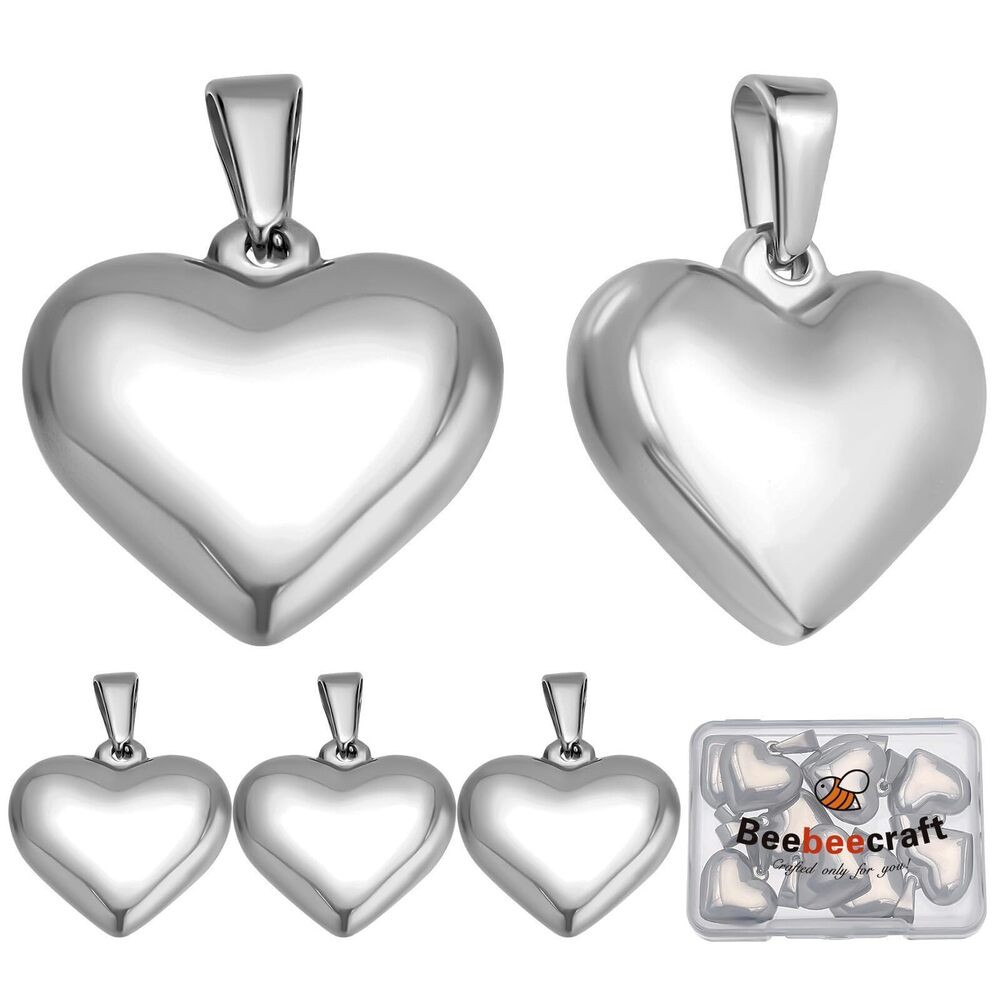 6267 1 Box 10Pcs Stainless Steel Heart Charms Silver Color 3D Heart Charm